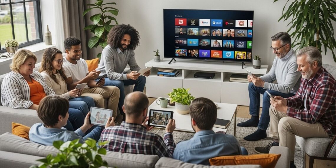 streaming apps, family watching TV, digital entertainment